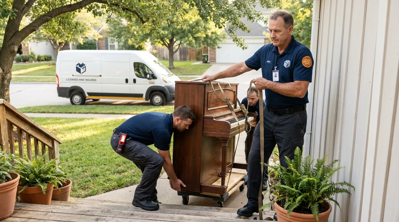 Licensed piano movers securing grand piano in Ocoee, FL