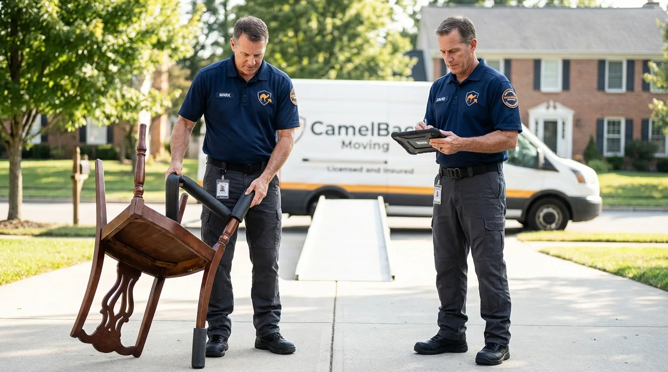 Movers inspecting furniture for damage prevention before loading in Ocoee, FL