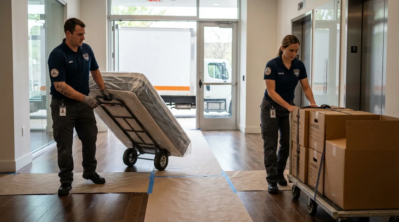 Professional apartment movers loading elevator in Ocoee, FL
