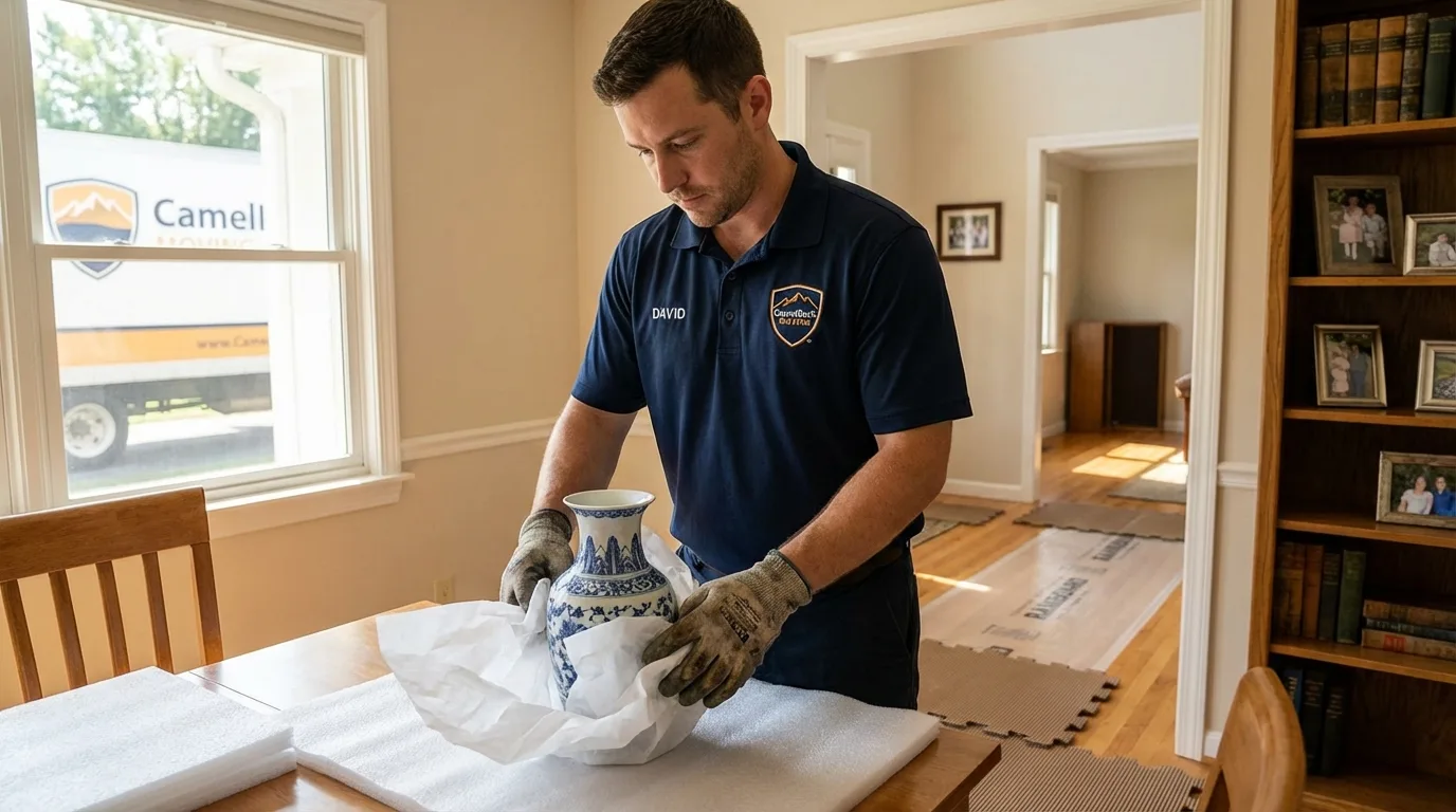 Professional crew carefully wrapping antique vase for senior downsizing move in Ocoee, FL